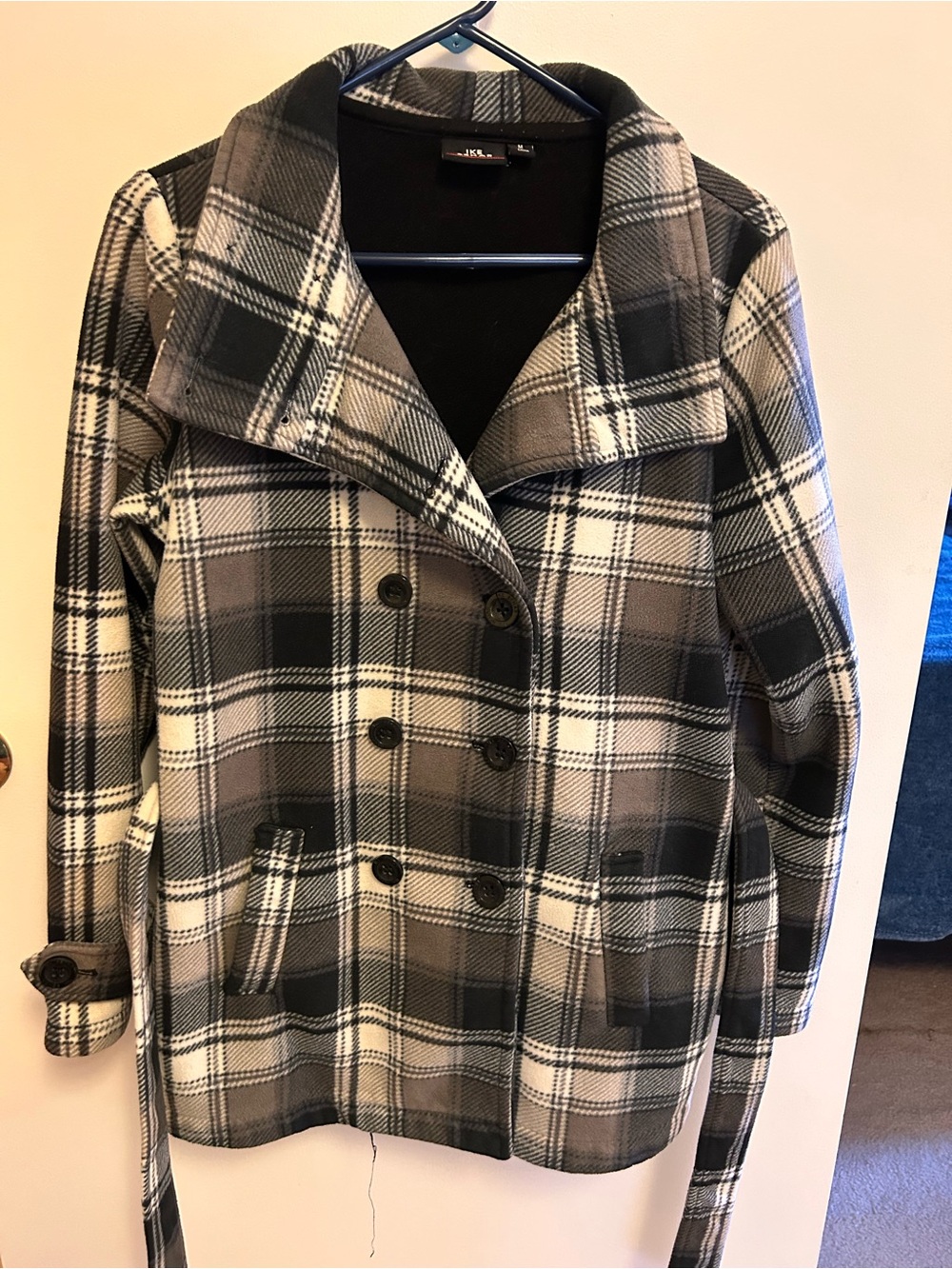 Ike Behar Gray, Black & Cream Plaid Double-Breasted Peacoat